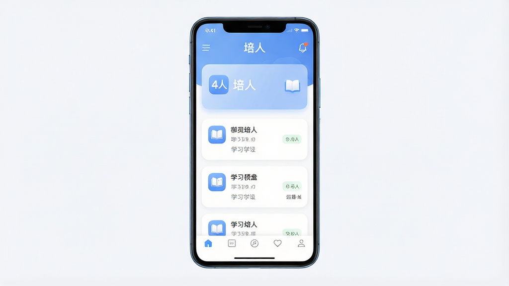 一张展示“培人”手机应用主界面的高质量产品渲染图,主体为一部竖屏安卓手机,屏幕内呈现“培人”应用首页,包含底部导航栏与学习卡片列表,布局居中对称,排版干净,风格为现代简约科技感,细节包括柔和的蓝白配色、圆角卡片、清晰的图标与文字“培人”,画质4K,干净,无多余元素