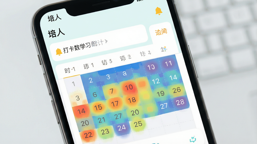一张“培人”应用内学习打卡日历热力图与提醒设置界面的组合图,主体为手机屏幕显示彩色热力图与时间选择器,布局上下分栏,排版整洁,风格为清新浅色系UI,细节包括“培人”应用名称、打卡天数统计、铃铛提醒图标,画质高清,干净,无多余元素