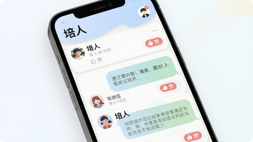 一张“培人”应用内社区问答板块的界面示意图,主体为手机屏幕显示问答列表与回复气泡,布局为信息流形式,排版错落有致,风格为柔和圆角社交风,细节包括“培人”社区标题、用户头像、点赞按钮,画质高清,干净,无多余元素