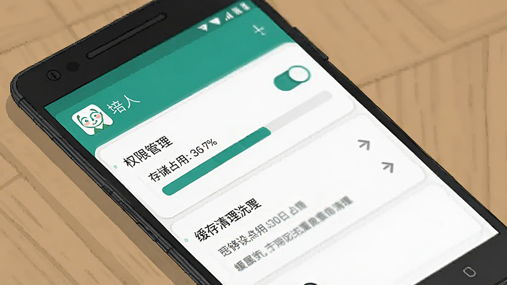 一部安卓手机展示“培人”应用设置界面的示意图,主体为手机屏幕显示权限管理与缓存清理选项,布局为列表式,排版清晰,风格为素雅极简风,细节包括“培人”应用名称、开关按钮、存储占用条,画质高清,干净,无多余元素