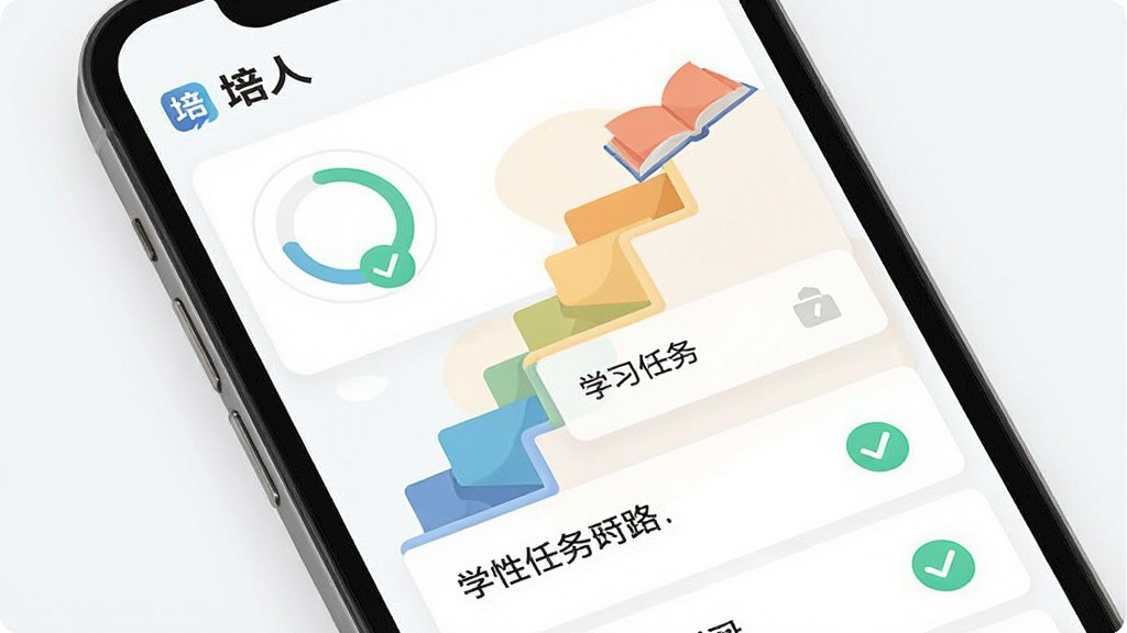 一张“培人”应用内个性化学习路径页面的特写图,主体为手机屏幕显示阶梯式学习任务列表,布局纵向排列,排版清晰,风格为扁平化插画风,细节包括“培人”logo、进度环、已完成打勾图标,画质高清,干净,无多余元素