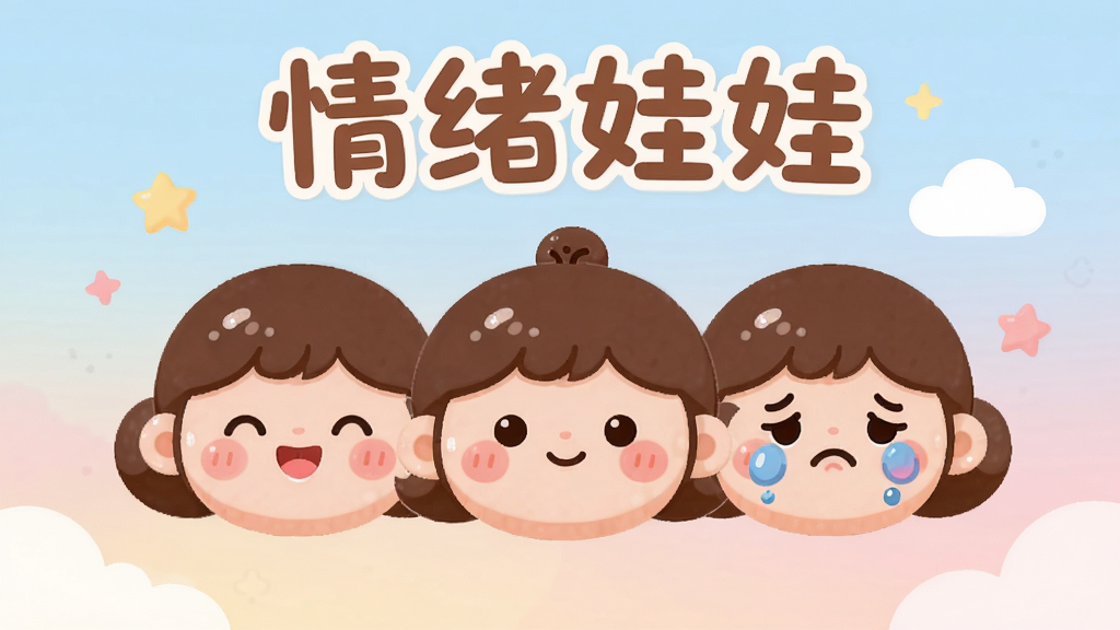 画面中央放置一个圆润可爱的卡通娃娃形象,娃娃面部呈现开心、平静、难过三种表情切换排列,背景为柔和的浅蓝与浅粉渐变,布局采用居中对称式构图,风格为温暖治愈系扁平插画,细节上娃娃带有腮红与微光泽质感,周围点缀小星星和云朵,画质高清干净无多余元素,图片上方用圆润字体写“情绪娃娃”