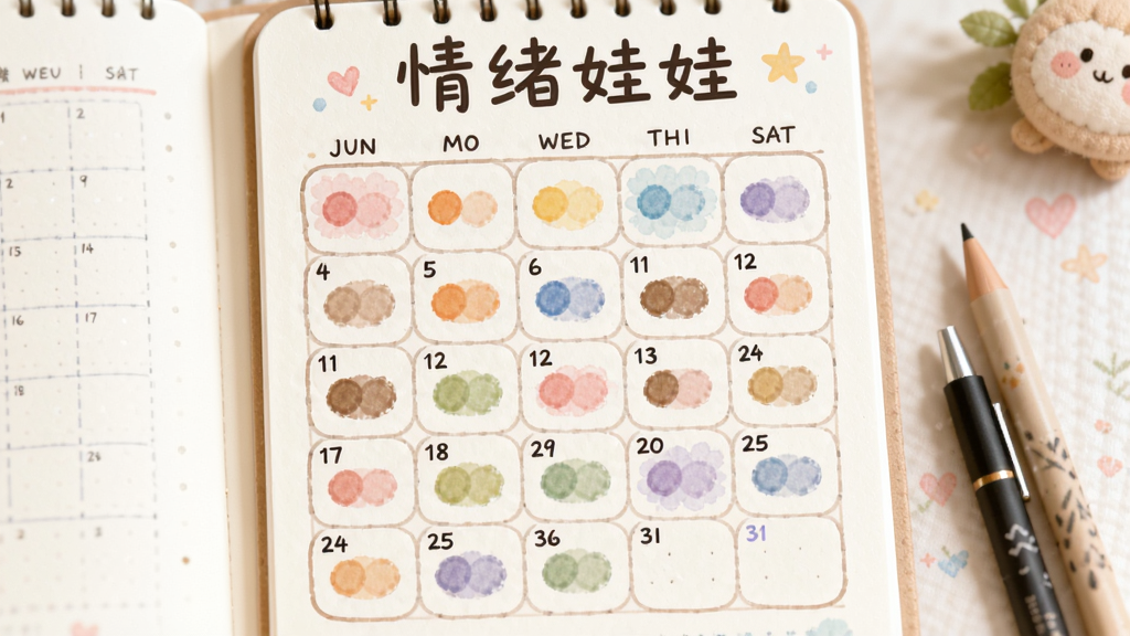 画面中央为一个月历表格,每个日期格子内填充不同颜色的圆点代表情绪,布局为竖版日历样式,风格为清新手账风,细节上格子边缘圆润、颜色柔和,画质高清干净,图片顶部写“情绪娃娃”