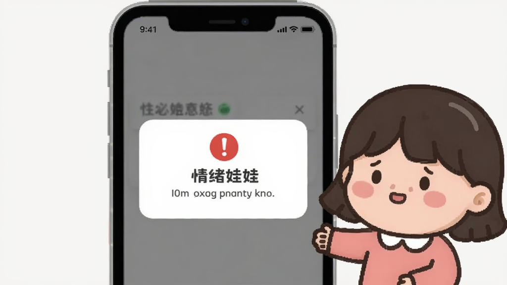 画面展示一部手机屏幕出现错误提示弹窗,旁边有卡通娃娃做出安慰表情,布局为手机居中、娃娃在侧,风格为扁平插画,细节上弹窗带感叹号图标、背景为浅灰色,画质高清干净,图片中文字为“情绪娃娃”