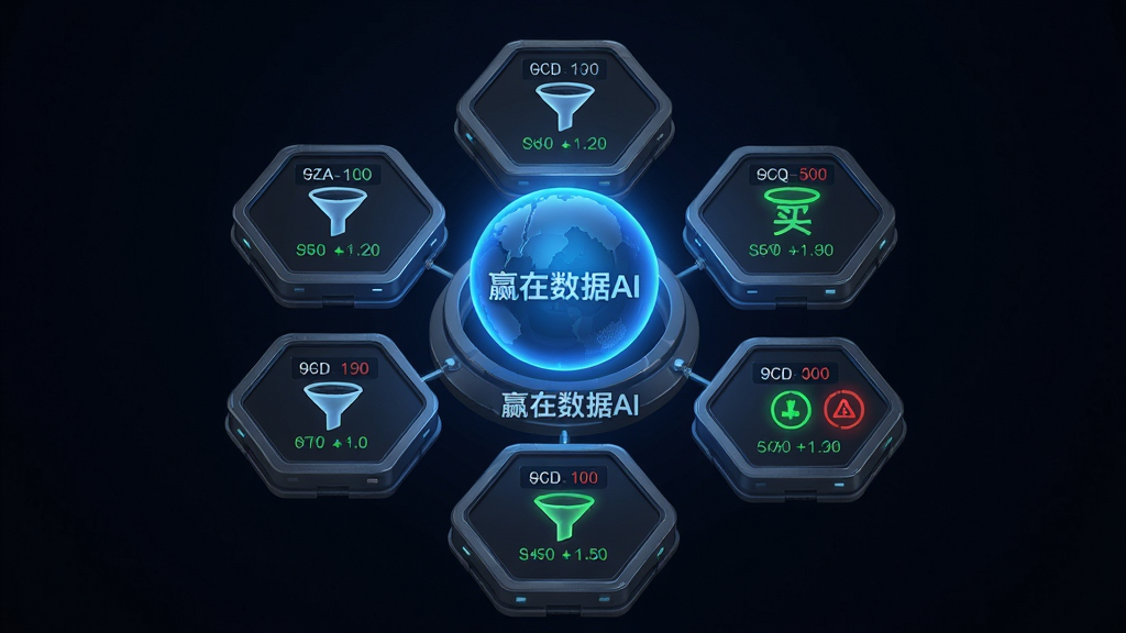 主体为一台悬浮在深色空间中的智能选股引擎装置,布局为中心对称结构,中央是一个发光的蓝色球体,周围环绕六边形数据模块,排版呈放射状展开,风格为科幻数据可视化风格,细节包括股票代码标签、筛选漏斗图标、闪烁的绿色买入信号与红色风险标识,球体下方标注“赢在数据AI”字样,画质清晰,画面干净,无多余元素
