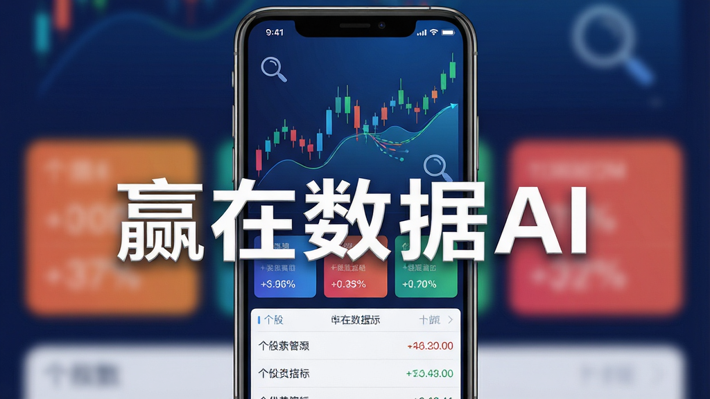 主体为一部智能手机竖屏展示金融数据仪表盘界面,布局采用上下分层设计,上方为深蓝色渐变行情走势图,中间排列三组彩色数据卡片,下方为简洁的个股列表,排版居中对称,风格为现代科技感扁平插画,细节包括K线蜡烛图、百分比数字、放大镜图标与数据流动线条,图片中央位置用白色粗体字写着“赢在数据AI”,画质高清,画面干净,无多余元素