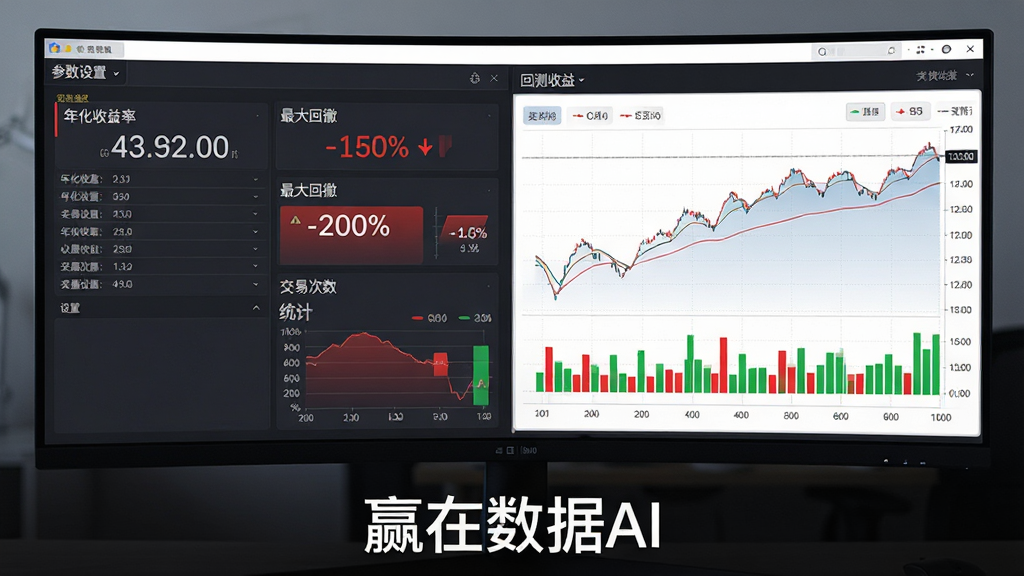 主体为一块横向展开的宽屏显示器,布局采用左右分栏设计,左侧为参数设置面板,右侧为回测收益曲线图表,排版整洁有序,风格为专业金融分析软件界面风格,细节包括年化收益率数字、最大回撤百分比、交易次数统计与红绿涨跌柱状图,屏幕下方居中位置显示“赢在数据AI”文字标识,画质高清,画面干净,无多余元素