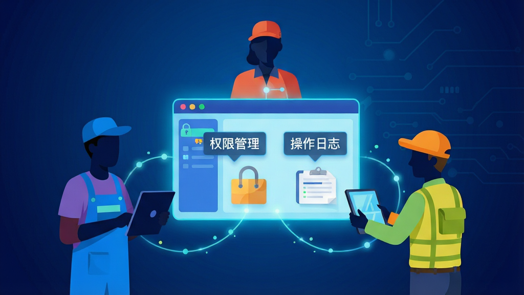 Cargo软件团队协作功能示意图,画面展示三个不同角色的人物剪影(店主、仓管、销售)围绕一个发光的数字界面,界面上浮现出“权限管理”“操作日志”等字样。背景为深蓝色科技感渐变,人物与界面之间用光线连接。风格为扁平化插画,色彩鲜明,构图平衡,画质干净,无多余文字干扰。