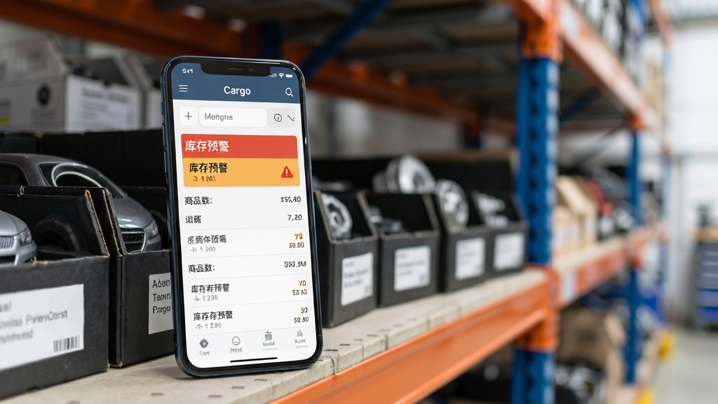 一幅展示Cargo软件库存管理功能的场景图,画面中一部智能手机放置在汽车配件仓库的货架前,手机屏幕显示Cargo的库存列表界面,清晰标注着“库存预警”和商品数量。货架上摆放着各种汽车零件盒,背景虚化处理突出手机主体。风格为商业摄影感,光线明亮柔和,细节丰富,画质干净无噪点。