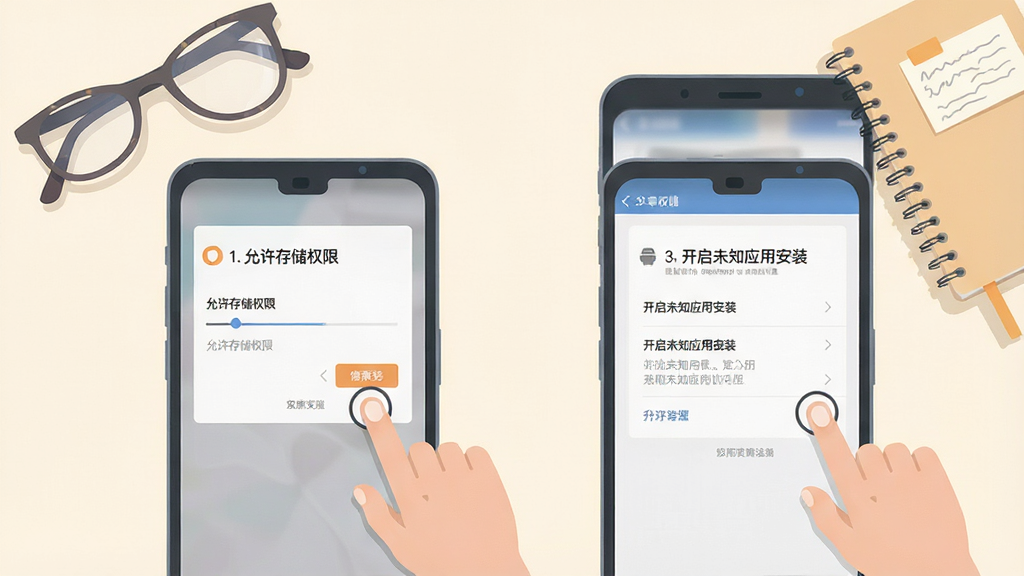 Cargo软件在安卓手机上的安装与权限设置操作示意图,画面展示一部手机屏幕,屏幕上分步骤显示“允许存储权限”“开启未知应用安装”两个设置界面,界面旁有手指点击的图标。背景为浅色桌面,放置一副眼镜和一本笔记本。风格为扁平化教程插图,色彩柔和,画质干净清晰,无杂乱元素。