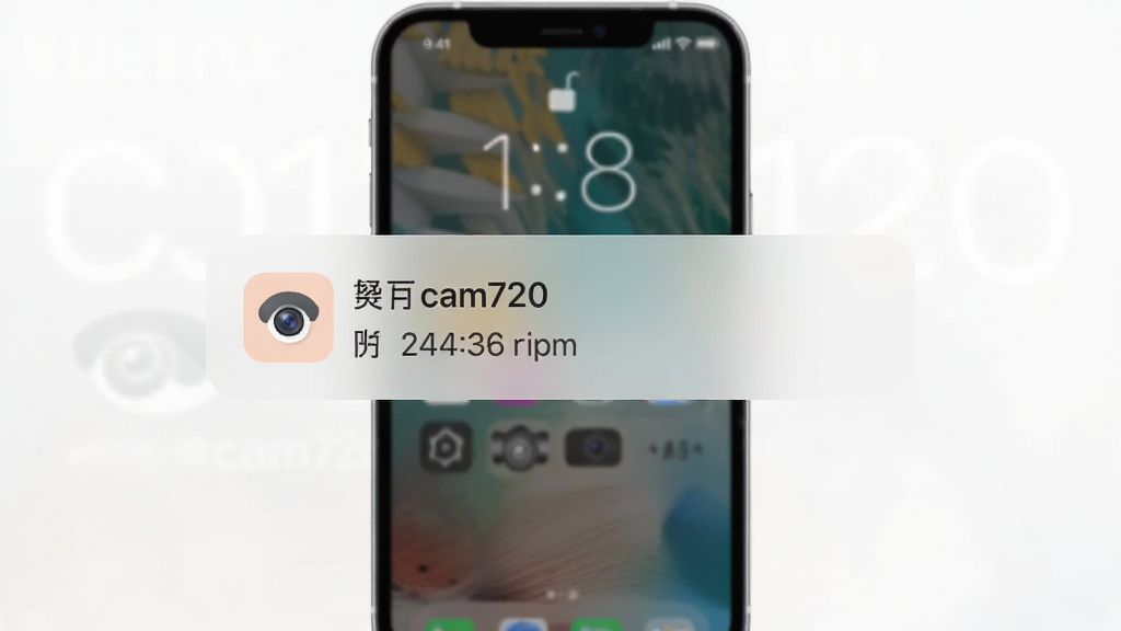 主体是手机锁屏界面弹出cam720告警通知,布局为通知卡片位于屏幕中央,排版简洁,风格为现代手机系统UI,细节包括通知卡片上有摄像头图标、告警文字、时间信息,画质清晰干净无多余元素