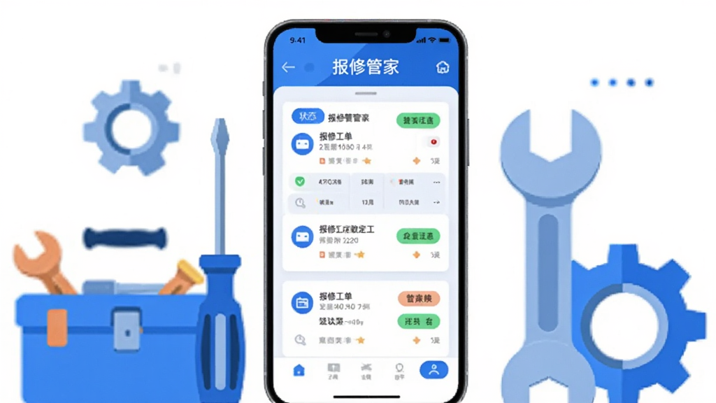 画面中央一部智能手机竖屏显示报修管家应用界面,界面中清晰展示报修工单列表与状态标签,手机周围环绕工具箱、螺丝刀、扳手、齿轮等维修元素,整体采用扁平化科技风格,蓝色与白色为主色调,背景干净整洁,画质高清,无多余元素,图片中文字标注“报修管家”