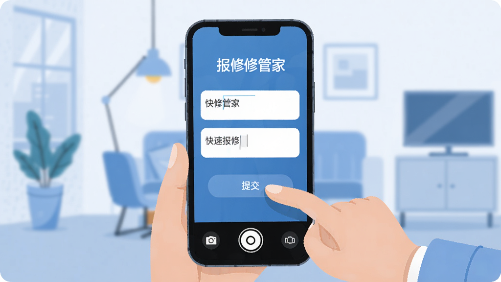 手机屏幕中显示报修管家快速报修界面,一只手正在点击提交按钮,屏幕上有文字输入框和相机图标,背景为简洁的室内环境,扁平化插画风格,蓝色调为主,画面干净,画质清晰,图片中文字标注“报修管家”