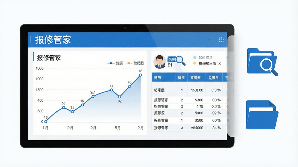 报修管家数据统计界面,屏幕上显示折线图和表格数据,旁边有放大镜和文件夹图标,整体风格简洁商务,蓝色和白色为主,背景干净无杂物,画质高清,图片中文字标注“报修管家”