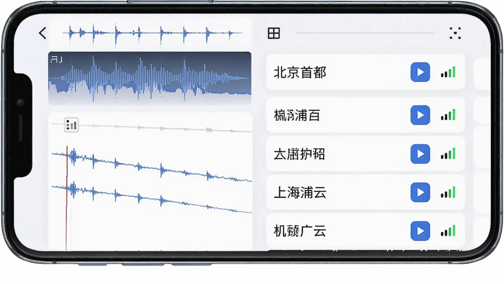 飞常准业内版ATC语音功能界面,手机屏幕显示音频波形图与机场列表,列表中有北京首都、上海浦东、广州白云等机场名称,每个机场旁有播放按钮与信号强度指示。背景为浅色卡片式布局,风格简洁专业,画质清晰,无多余元素。