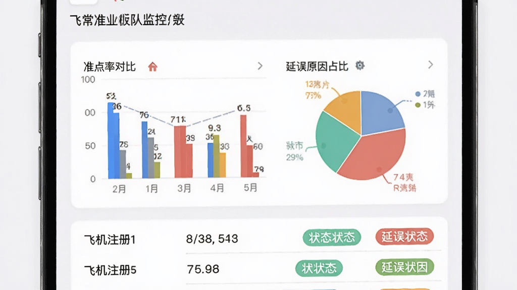 飞常准业内版机队监控数据面板,手机屏幕上显示柱状图与饼图,图表展示不同航空公司的准点率对比与延误原因占比,图表下方有飞机注册号列表与状态标签。背景为白色卡片与浅灰底色,风格商务简洁,画质干净,无多余装饰。