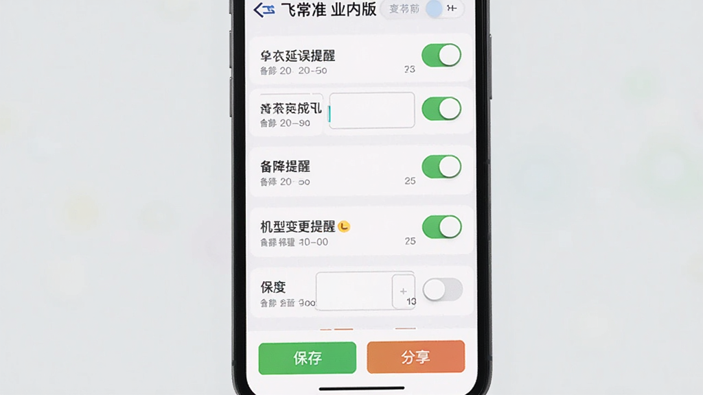 飞常准业内版航班预警设置界面,手机屏幕显示多个开关按钮与条件输入框,开关旁有延误提醒、备降提醒、机型变更提醒等文字标签,界面底部有保存与分享按钮。背景为浅色列表布局,风格清爽,画质清晰,无多余元素。