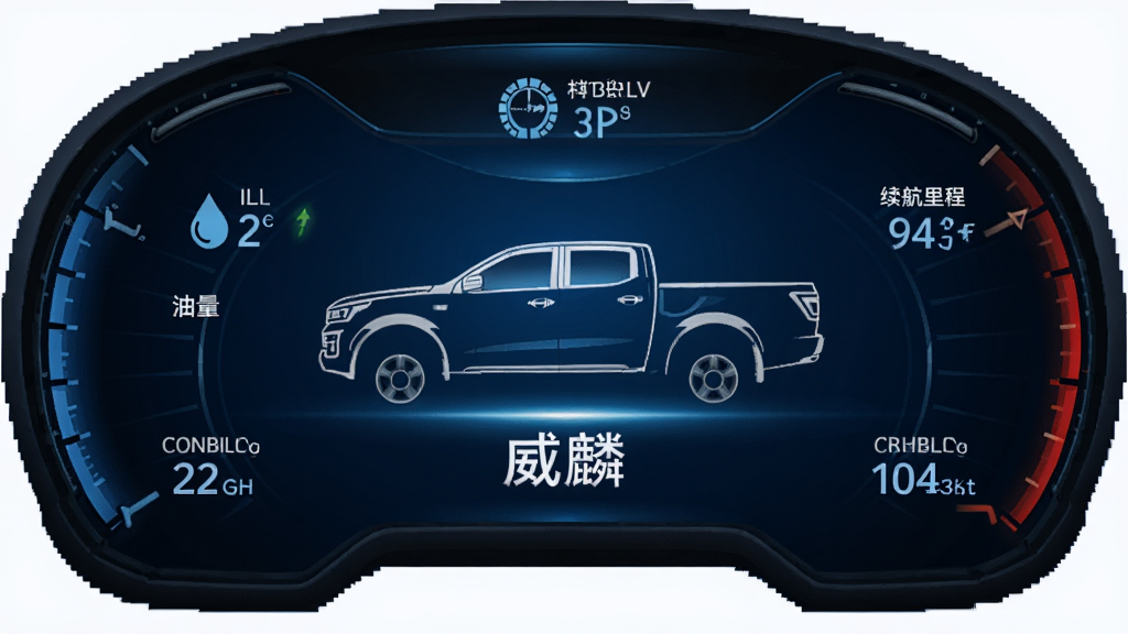 汽车仪表盘风格的信息图表,中央是威麟皮卡的轮廓图,周围用图标和数字显示油量、胎压、续航里程等数据,背景为深蓝色渐变,风格现代科技,细节清晰,画质干净,无多余元素,图片中文字为“威麟”