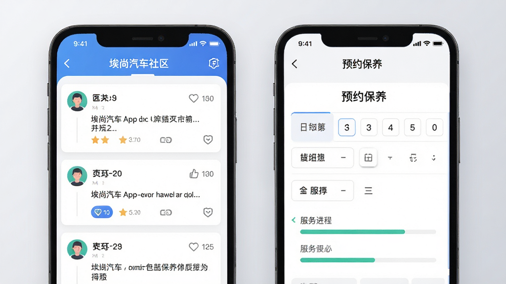 画面主体为埃尚汽车App社区界面与售后服务页面并排展示,左侧为车主发帖列表,右侧为预约保养表单,背景为浅灰色渐变,布局采用双卡片并列,风格为清新扁平化设计,细节包括头像、点赞图标、日历选择器、服务进度条,画质高清,干净,无多余元素。