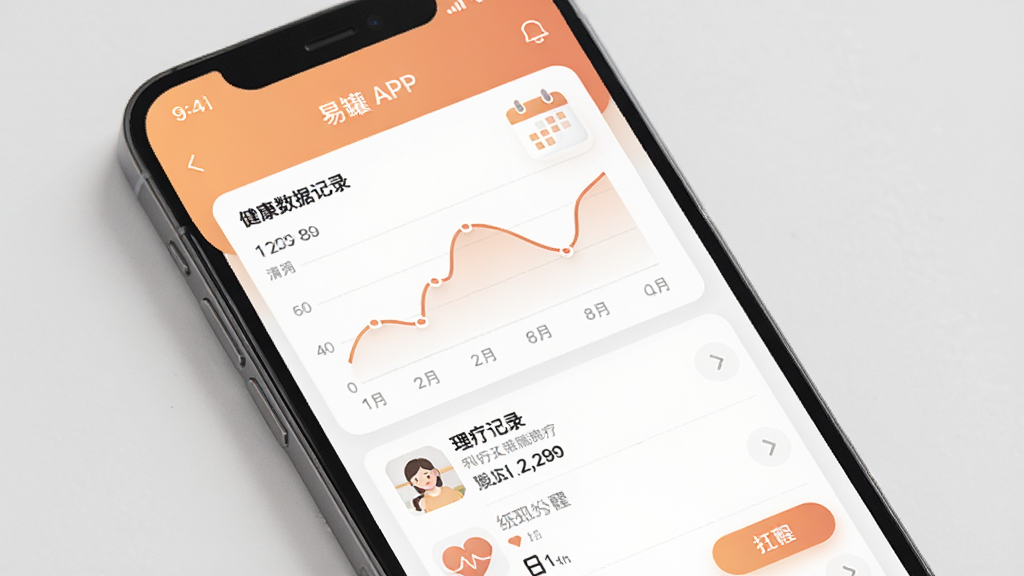 易罐APP健康数据记录界面展示,一部手机屏幕显示健康数据图表与理疗记录列表,界面采用柔和的暖色调,包含折线图、日历提醒图标等元素,背景为浅灰色,风格温馨舒适,细节上突出数据可视化与用户友好交互,画质清晰,干净无多余元素。