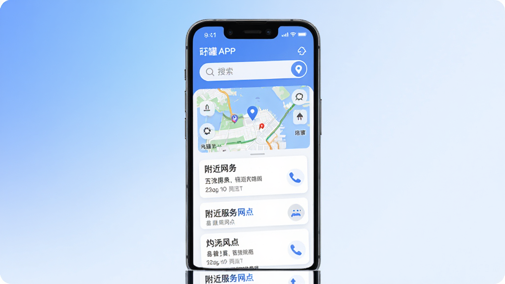 易罐APP功能界面展示,画面中一部手机展示易罐的蒸洗罐信息查询页面,屏幕上显示地图定位与附近服务网点列表,界面采用卡片式设计,配色以蓝白为主,背景为柔和渐变,风格现代简洁,细节上突出搜索框、地址标签与电话图标,画质高清,干净无多余元素。