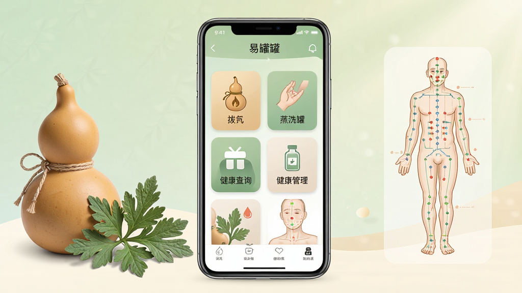 易罐软件主界面展示,一款专注于中医罐疗健康服务的手机应用,画面中央放置一部智能手机,屏幕上显示易罐APP的首页界面,包含拔罐、蒸洗罐信息查询、健康管理等功能模块图标,背景为淡雅的浅绿色与米白色渐变,风格清新简洁,细节上突出中医养生元素如葫芦、艾草、穴位图等装饰,画质清晰,干净无多余元素。