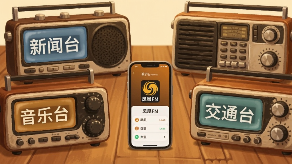 һ��չʾ��̨������������ľ�������ϵĲ廭��ÿ̨��������Ļ��ʾ��ͬ�ĵ�̨�����硰����̨��������̨������̨ͨ��������������һ���ֻ���ʾ�����FM��Ӧ�ý��棬���ִ������£������ů���ţ�ϸ�ڷḻ�����ʸɾ����޶���Ԫ��