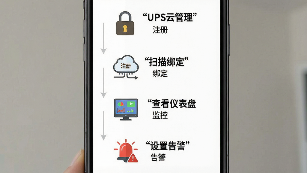 一张展示UPS云管理新手操作流程的示意图。画面为手机屏幕竖版构图,从上到下依次展示四个步骤:注册登录、扫描绑定、查看仪表盘、设置告警。每个步骤配以简洁图标与文字说明。背景为白色,风格为扁平化信息图,布局清晰,细节干净,文字使用引号标注“UPS云管理”“注册”“绑定”“监控”“告警”。画质高清,无多余元素。