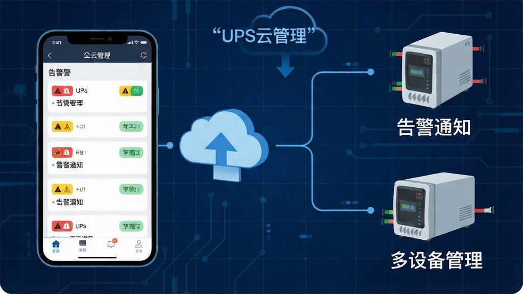 一张展示UPS云管理智能告警与多设备管理功能的场景图。画面左侧为手机屏幕,显示UPS云管理APP的告警列表界面,包含红色、黄色、绿色状态标签。画面右侧为三台不同型号的UPS设备图标,通过云朵线条连接至手机。背景为深蓝色科技网格。风格为扁平化插画,布局左右分栏,细节清晰,文字使用引号标注“UPS云管理”“告警通知”“多设备管理”。画质高清,干净无多余元素。