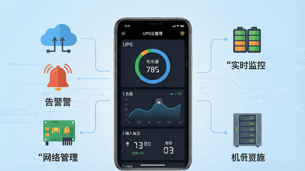 一张展示UPS云管理软件核心功能的整体预览图。画面中央摆放一部智能手机,屏幕显示UPS云管理APP仪表盘界面,包含电池电量圆环、负载曲线、输入输出电压数字。手机周围以扁平化图标环绕分布:云同步、告警铃铛、电池组、网络管理卡、机房机柜。背景为浅蓝色渐变科技风格。整体布局居中对称,风格简洁现代,细节清晰,文字使用引号标注“UPS云管理”“实时监控”“智能告警”。画质高清,干净无多余元素。