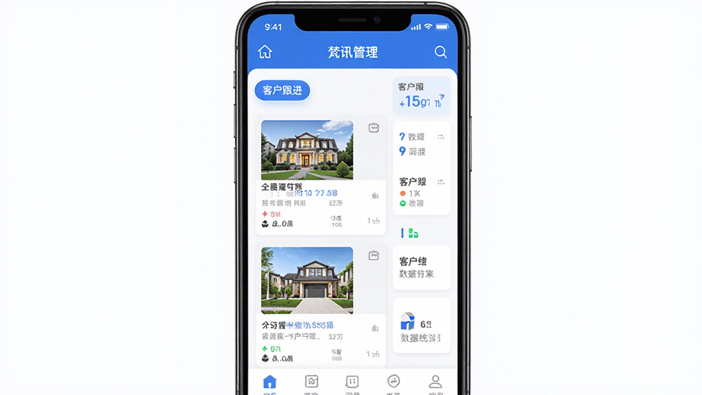 手机梵讯软件主界面展示,画面中央是一部智能手机,屏幕显示房产管理应用的主页,包含房源列表、客户跟进、数据统计等模块,布局清晰,排版整齐,风格为现代商务简约风,细节包括图标、卡片式设计、蓝色主色调,画质高清,干净,无多余元素