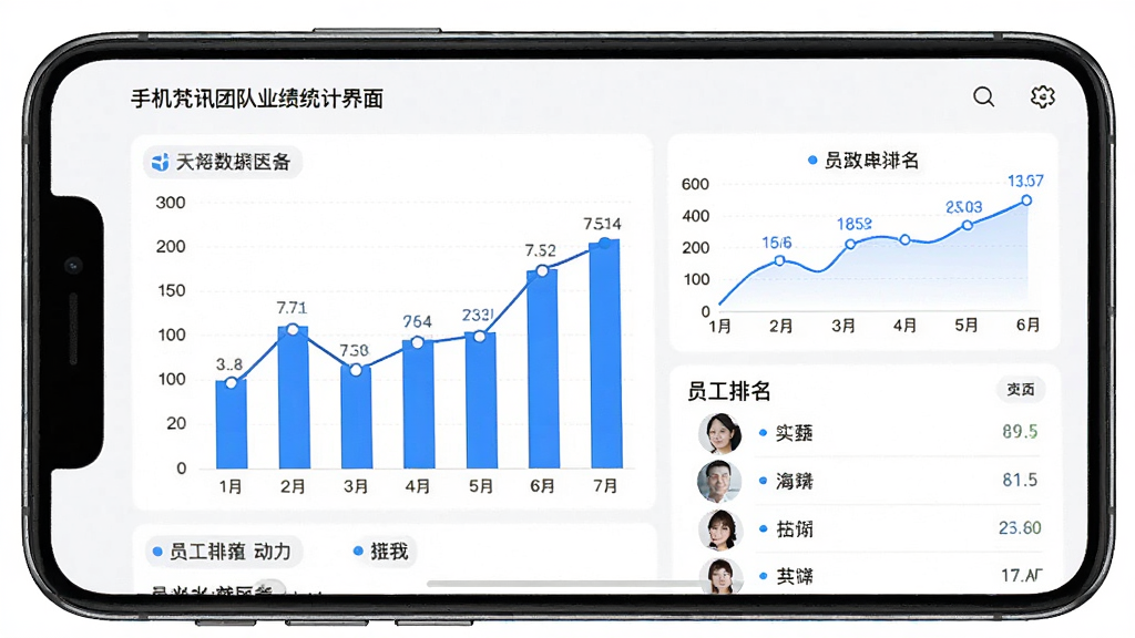 手机梵讯团队业绩统计界面,画面中一部手机展示数据报表页面,包含柱状图、折线图和员工排名列表,风格为商务数据可视化风格,细节包括蓝色图表、白色背景、清晰的数字标注,画质高清,干净,无多余元素