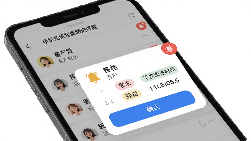 手机梵讯客源跟进提醒界面,画面中一部手机显示客户列表与跟进提醒弹窗,包含客户姓名、需求标签、下次跟进时间,风格为现代扁平化设计,细节包括铃铛图标、红色提醒角标、蓝色确认按钮,画质高清,干净,无多余元素