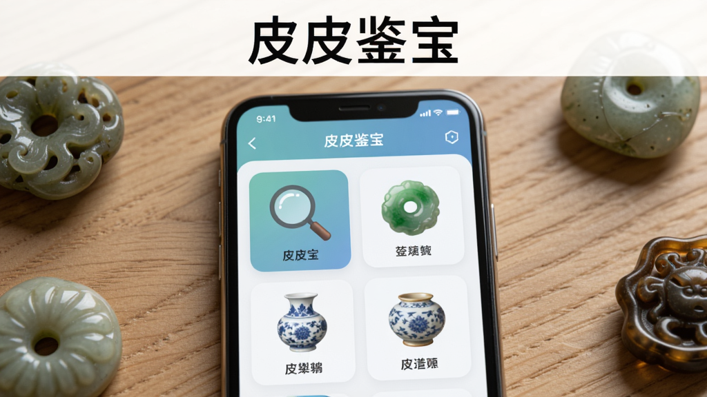 画面中央一部智能手机,手机屏幕显示皮皮鉴宝软件界面,界面内有放大镜、玉石、瓷器等图标元素,手机周围散落几件小型文玩物件,背景为木质桌面,整体采用写实风格,光线柔和,细节清晰,画质干净,无多余元素,图片上方有