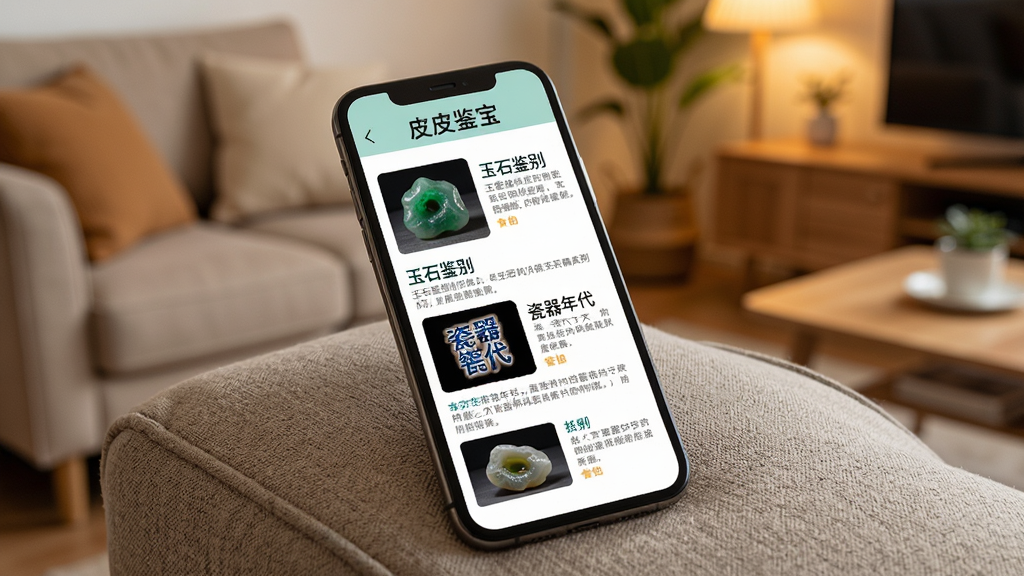 手机屏幕显示皮皮鉴宝软件的知识科普页面,页面中有图文混排的文章列表,标题包含玉石鉴别、瓷器年代等内容,手机放在沙发扶手上,背景温馨居家,风格写实,画质干净,无多余元素,页面顶部有