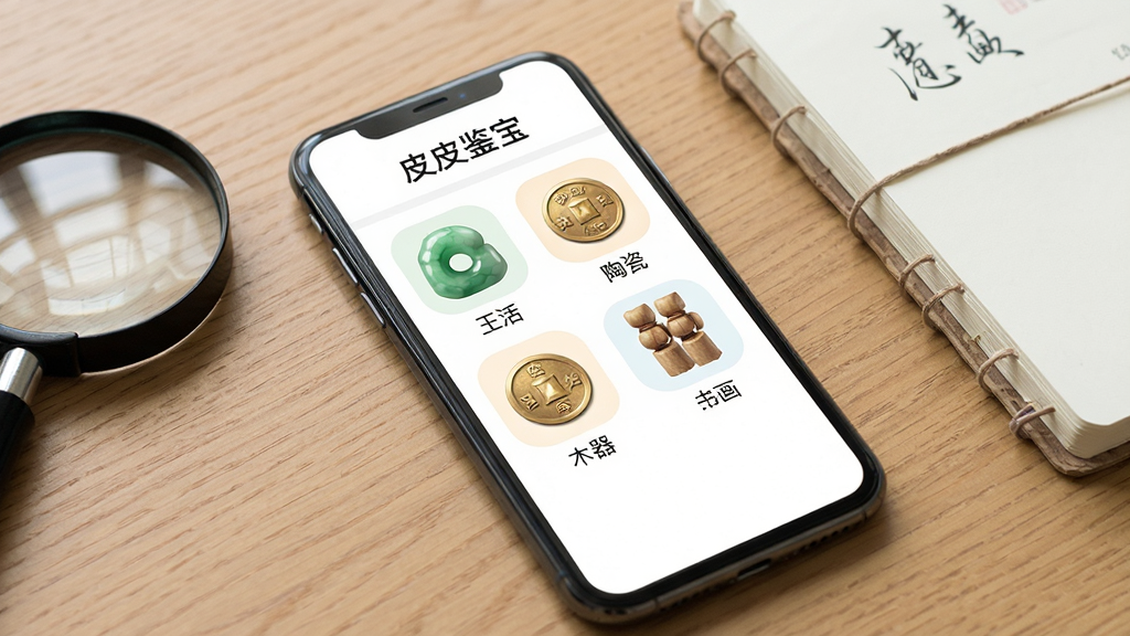 手机屏幕展示皮皮鉴宝软件的分类页面,页面上排列着玉石、陶瓷、钱币、木器、书画等图标,图标下方有中文标签,手机放置在书桌上,旁边有放大镜和笔记本,风格清新简洁,画质干净,无多余元素,页面顶部有
