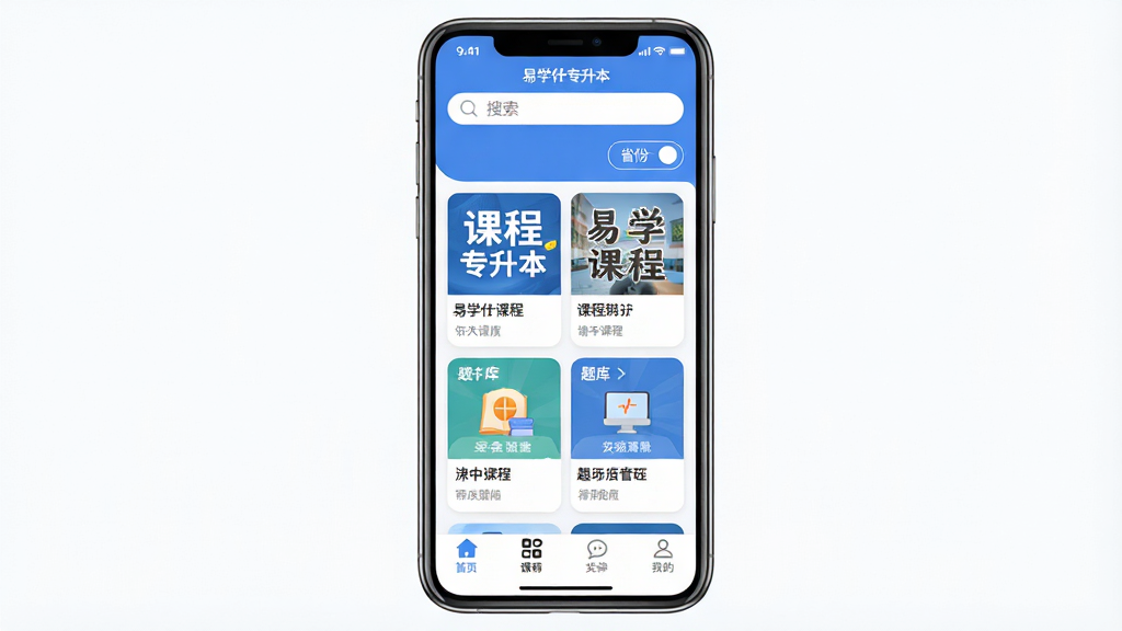 一张手机屏幕展示“易学仕专升本”APP首页界面,主体为居中竖直放置的智能手机,布局上方是搜索栏与省份切换按钮,中部是课程卡片与题库入口,下方是导航栏,风格为清新教育类扁平化设计,细节包括蓝色主色调、白色背景、圆角图标、课程封面缩略图,画质清晰干净无多余元素