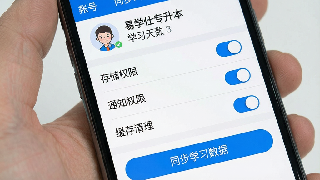 一张手机屏幕展示“易学仕专升本”学习数据同步与设置界面,主体为手机竖屏特写,布局上方显示账号头像与学习天数,中部为“存储权限”“通知权限”“缓存清理”三个设置项,下方有“同步学习数据”按钮,风格为简洁工具类UI,细节包括蓝色开关按钮、灰色分割线、白色背景,画质清晰干净无多余元素