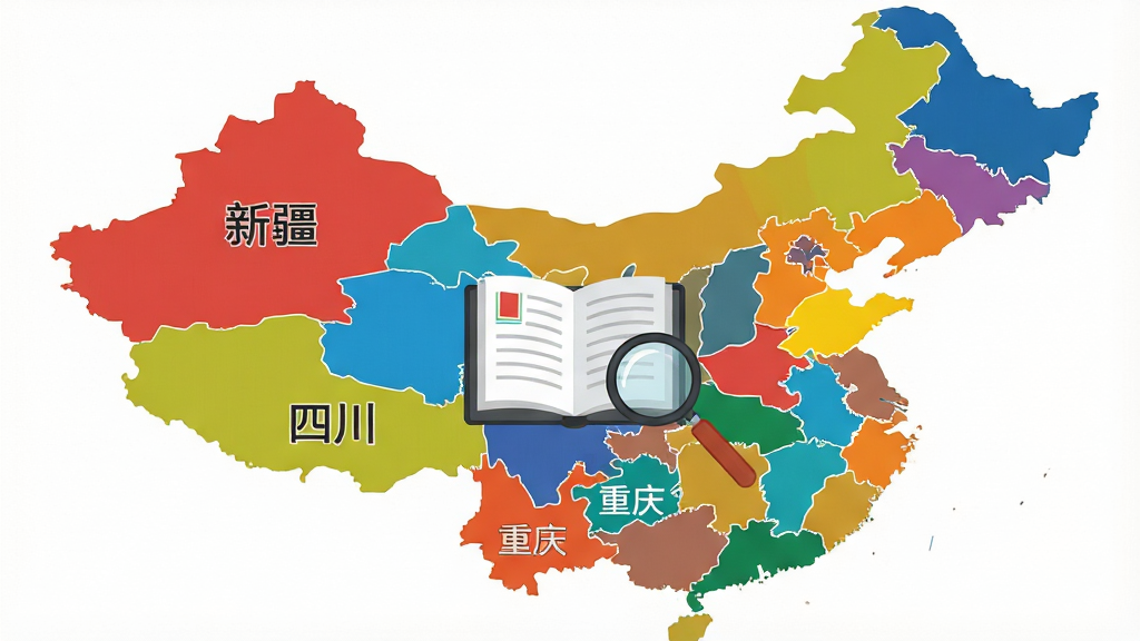 一张信息图表风格的插画,主体为中国地图轮廓,布局上地图被划分为不同色块,每个色块上标注“新疆”“四川”“重庆”等省份名称,风格为扁平化教育信息图,细节包括地图中央放置一本翻开的电子书与一个放大镜,画质清晰干净无多余元素