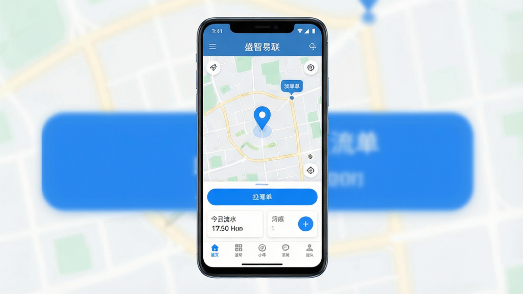 一张展示盛智易联车主软件主界面的手机预览图,主体为一部竖屏安卓手机,屏幕内显示网约车司机端首页,包含地图定位、接单按钮、今日流水卡片、底部导航栏,布局简洁清晰,排版为居中手机展示,风格为现代科技感扁平化设计,细节包括地图道路线条、订单气泡、蓝色主色调按钮,画质高清,干净,无多余元素