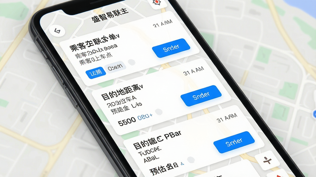 一张展示盛智易联车主智能派单界面的手机截图风格图片,主体为手机屏幕内显示订单卡片列表,卡片上标注乘客上车点、目的地距离、预估金额,背景为浅色地图,布局为纵向排列三张订单卡片,排版整齐,风格为清爽商务风,细节包括蓝色高亮接单按钮、距离标签、时间戳,画质高清,干净,无多余元素