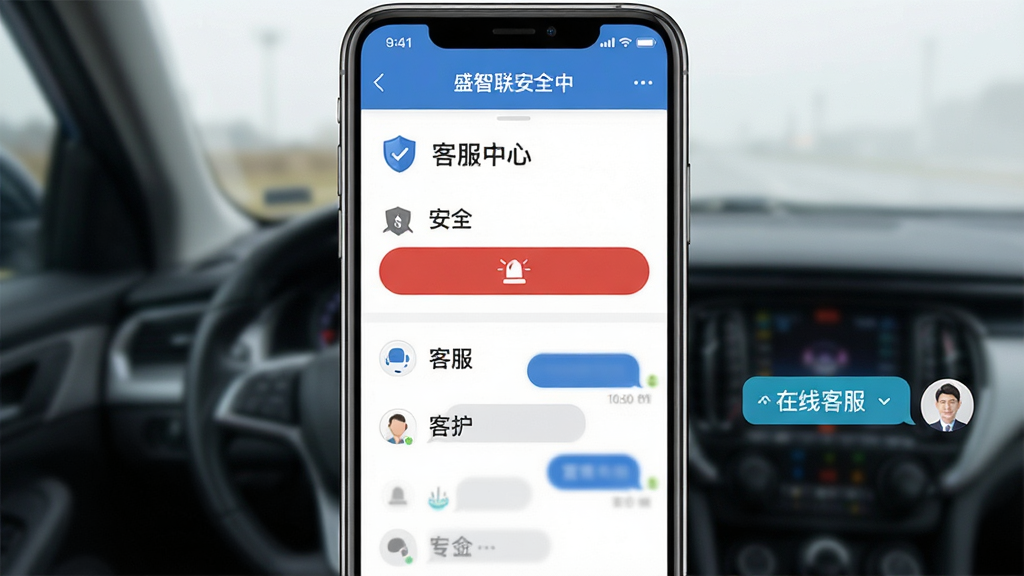 一张展示盛智易联车主安全中心与客服入口的手机界面图,主体为手机屏幕内显示安全功能列表与在线客服对话框,布局为上下分栏,排版简洁,风格为安全防护类应用设计,细节包括盾牌图标、报警按钮、客服头像、消息气泡,画质高清,干净,无多余元素