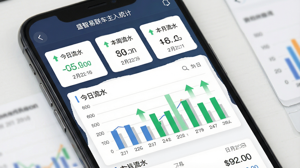 一张展示盛智易联车主收入统计页面的手机预览图,主体为手机屏幕内显示柱状图与数据列表,包含今日流水、本周流水、本月流水数字,布局为顶部数据卡片加下方图表,排版规整,风格为金融数据可视化风格,细节包括绿色上涨箭头、金额数字、日期标签,画质高清,干净,无多余元素