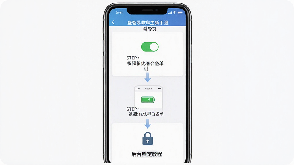 一张展示盛智易联车主新手设置引导页的手机界面图,主体为手机屏幕内显示权限开启引导与后台锁定教程,布局为分步图示排列,排版为纵向步骤条,风格为教程说明类界面设计,细节包括权限开关图标、电池优化白名单界面、锁形图标,画质高清,干净,无多余元素
