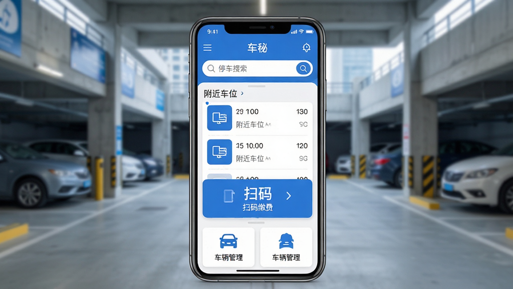 车秘软件主界面展示图,画面中央是一部智能手机,屏幕上显示车秘应用首页,包含停车场搜索框、附近车位列表、扫码缴费入口和车辆管理卡片,背景是城市停车场场景,布局简洁清晰,排版以手机屏幕为主体居中展示,风格为现代科技感扁平化设计,细节包括蓝色主色调、图标精致、文字清晰,画质高清干净无多余元素
