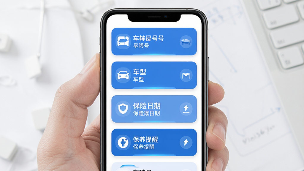 车秘车辆档案管理界面展示图,画面主体为手机屏幕显示多张车辆信息卡片,每张卡片包含车牌号、车型、保险日期和保养提醒图标,布局为纵向列表排列,排版整齐清晰,风格为简约商务风,细节包括蓝色和白色配色、卡片圆角设计、图标简洁,画质高清干净无多余元素