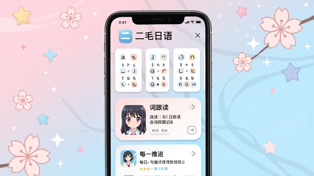 一张展示二毛日语软件主界面的预览图,画面中央是手机屏幕,屏幕内显示二毛日语APP的首页,包含五十音图卡片、动漫台词跟读模块和每日一句推送,背景是淡粉色与浅蓝色渐变的二次元风格,周围点缀少量樱花与星星元素,整体布局简洁清晰,风格清新可爱,细节上突出APP图标与界面文字“二毛日语”,画质高清,干净,无多余元素