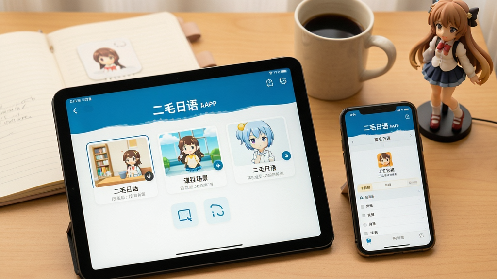 一张展示二毛日语场景化课程与离线学习功能的生图,画面主体是平板电脑与手机并排展示,平板屏幕显示二毛日语APP的课程场景选择界面,手机屏幕显示离线下载管理页面,背景是书桌场景,有笔记本、咖啡杯和动漫手办点缀,布局采用对角线构图,风格温馨简约,细节上突出“二毛日语”界面文字与图标,画质高清,干净,无多余元素