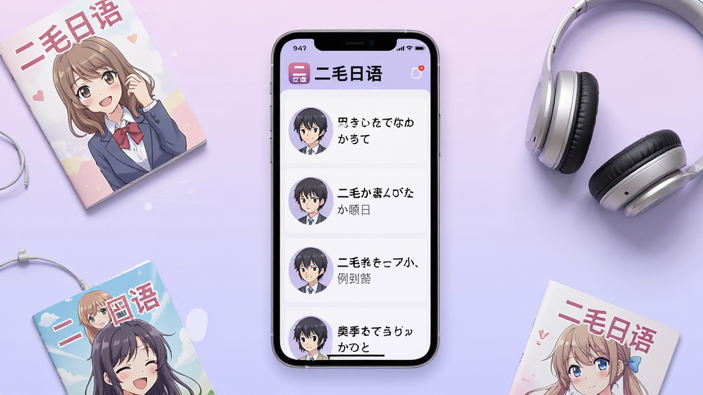 一张展示二毛日语二次元例句库功能的AI生图,画面主体是一部智能手机,屏幕显示二毛日语APP的例句列表界面,列表项包含动漫角色头像、日文台词和中文翻译,手机旁边散落着几本动漫风格的小册子和耳机,背景是柔和的浅紫色渐变,布局采用居中构图,风格偏向日系杂志排版,细节上突出“二毛日语”的logo和界面文字,画质高清,干净,无多余元素
