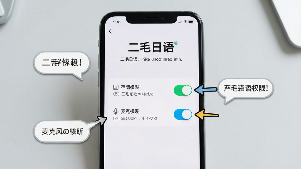 一张展示二毛日语新手操作界面的生图,画面主体是手机屏幕特写,屏幕显示二毛日语APP的权限设置引导页面,页面中有存储权限、麦克风权限的开关按钮和文字说明,手机周围有箭头和提示气泡指向开关位置,背景是干净的浅灰色桌面,布局采用中心聚焦构图,风格简洁直观,细节上突出“二毛日语”界面文字与权限图标,画质高清,干净,无多余元素